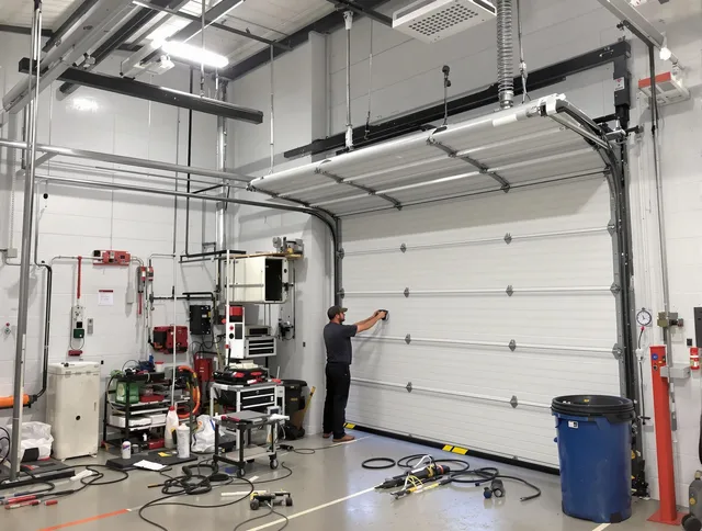 Bluffton Garage Door Repair certified technician performing commercial door repair at a Bluffton business facility