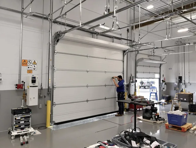 Commercial garage door repair being performed by Bluffton Garage Door Repair expert in Bluffton
