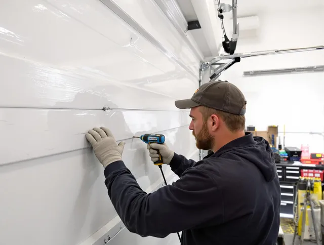 Bluffton Garage Door Repair technician demonstrating precision dent removal techniques on a Bluffton garage door