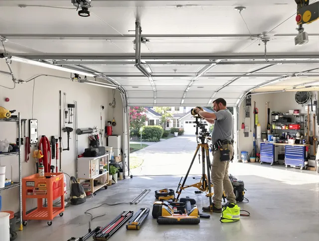 Bluffton Garage Door Repair specialist performing laser-guided track alignment in Bluffton